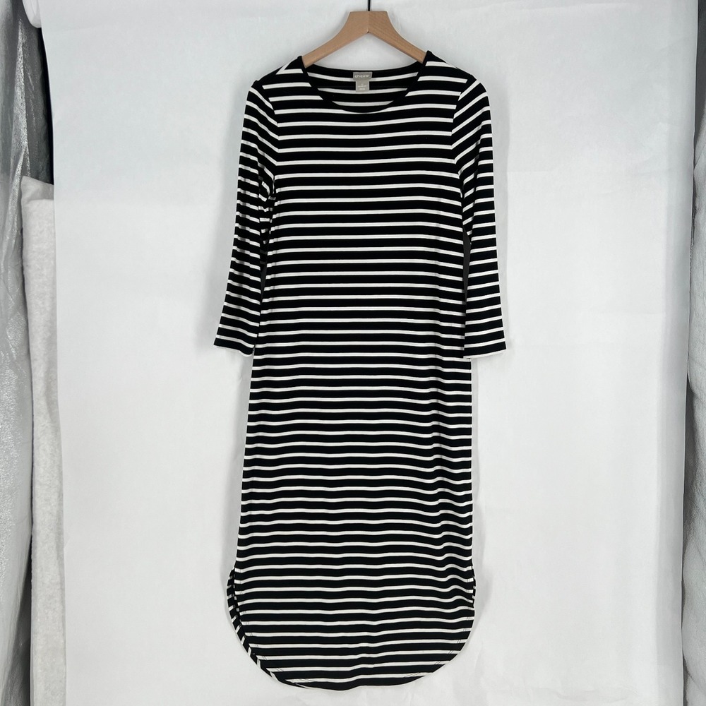 Chico's Midi Dress Womens 4/6 Black White Striped Jersey Knit Rounded Neck